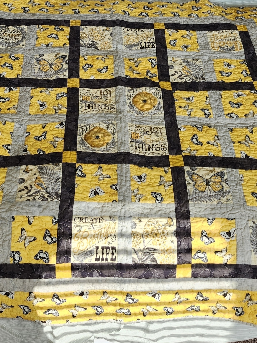 46x46 Inch Handmade Bee/butterfly Quilt/ Yellow/ Black/Insp.Sayings/ Cottage